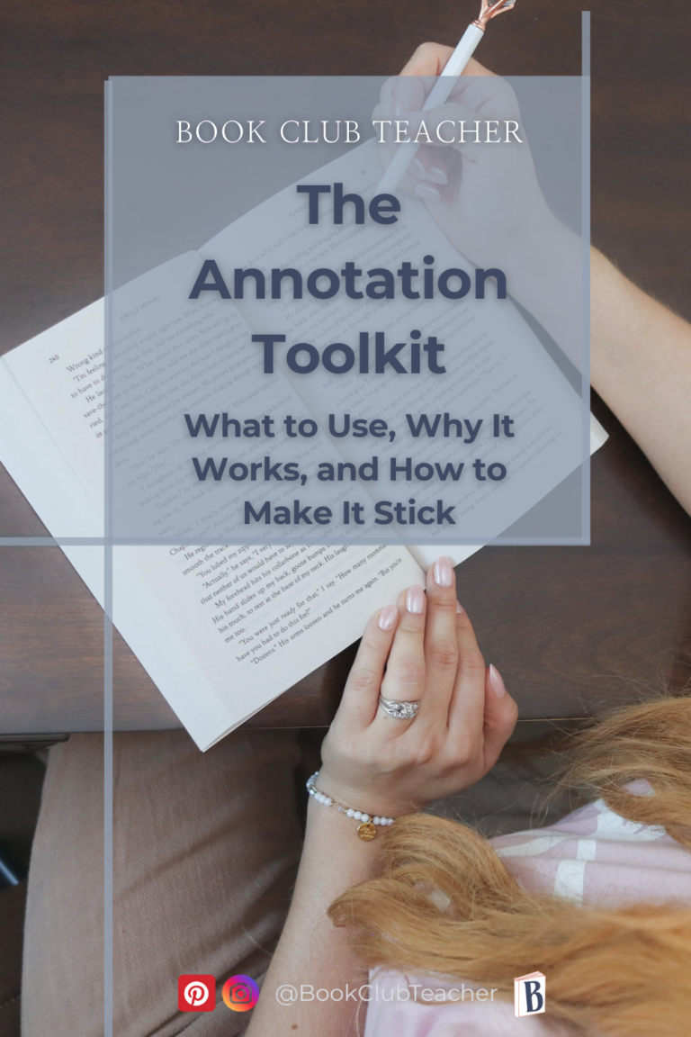 Woman annotating a fiction book with a pen, featuring “The Annotation Toolkit” text overlay from Book Club Teacher.