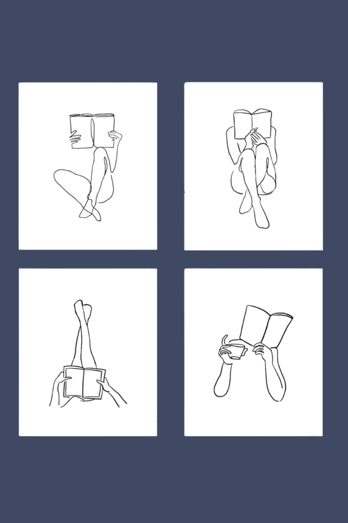 Set of minimalist line art prints featuring women reading in different cozy poses