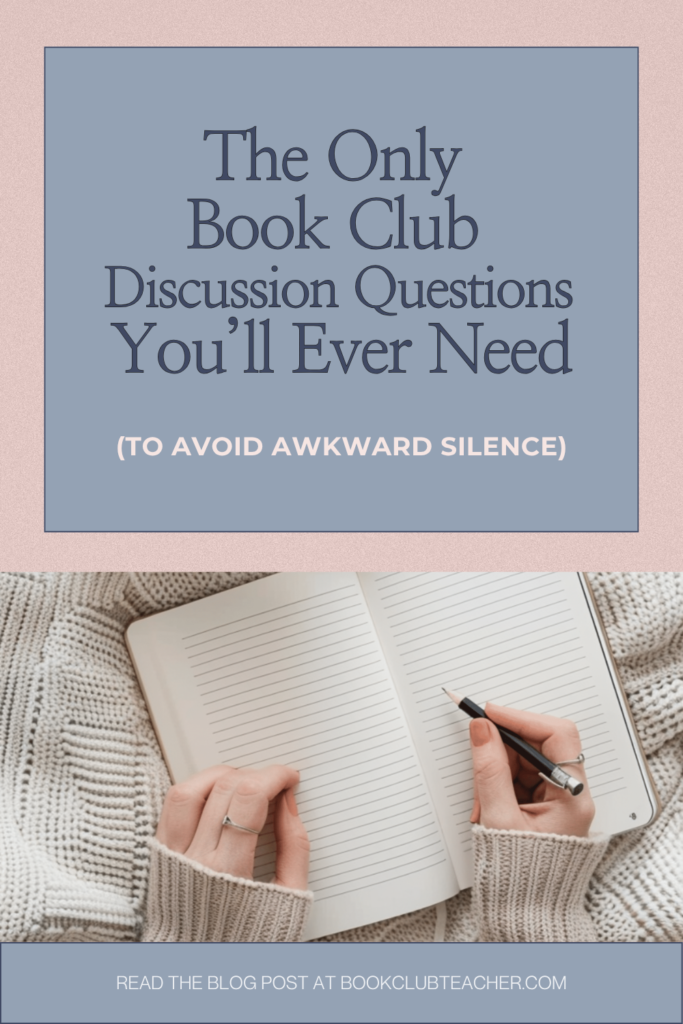 Woman in cozy sweater writing down book club discussion questions in a notebook, preparing for a book club meeting.