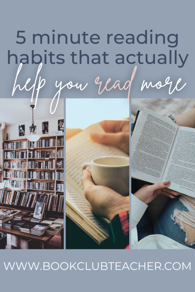 Cozy reading scenes with coffee, bookshelves, and someone reading a book in their lap with ripped jeans.