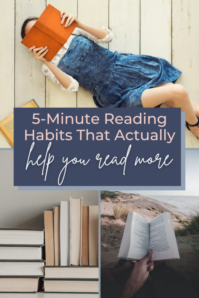 Young woman laying on wooden floor reading a book, surrounded by cozy and minimal book imagery.