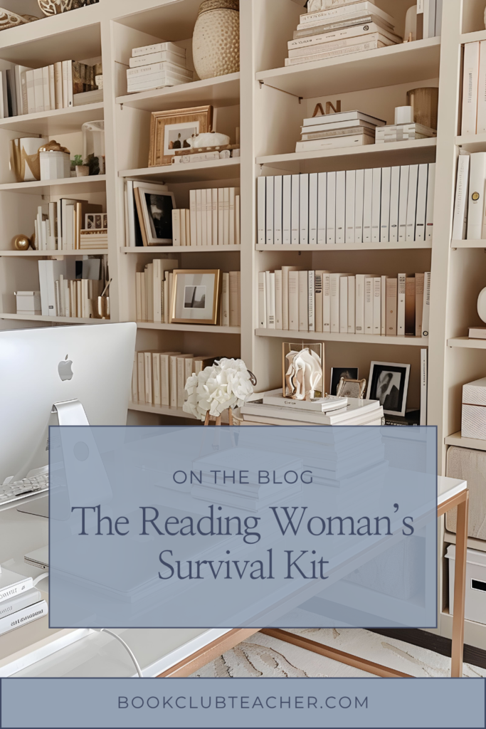 Neutral office with bookshelves and a desktop computer, overlay text “The Reading Woman's Survival Kit”