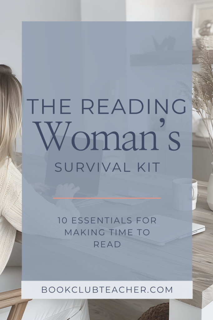 Woman in sweater with coffee and laptop, overlay text “The Reading Woman's Survival Kit”