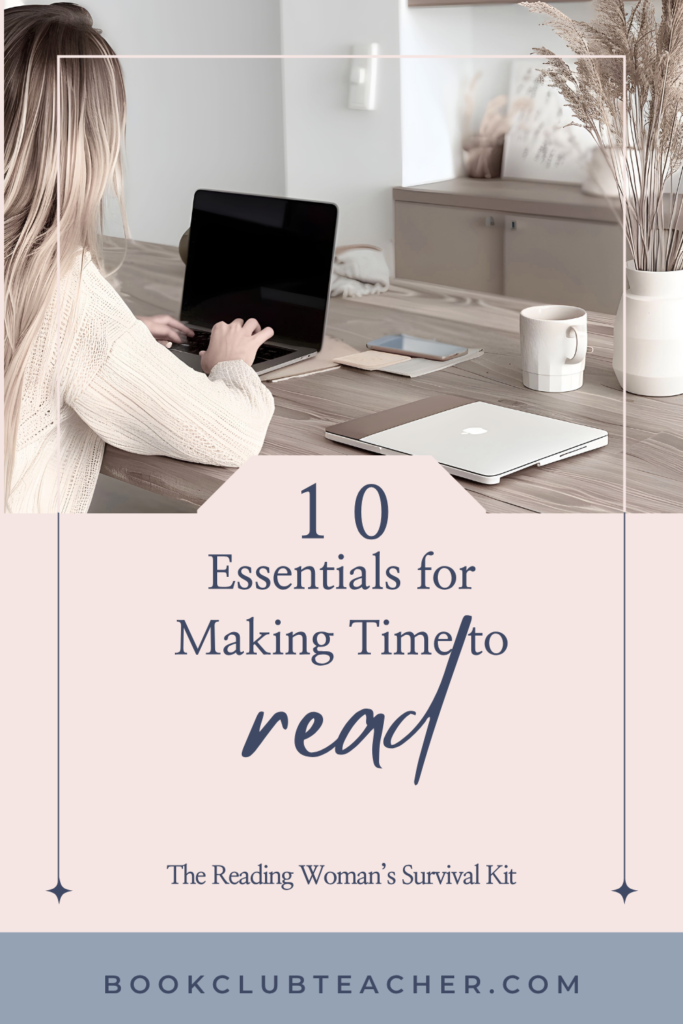 Desk with calendar, coffee mug, and notebook, soft pink overlay text “10 Essentials for Making Time to Read”