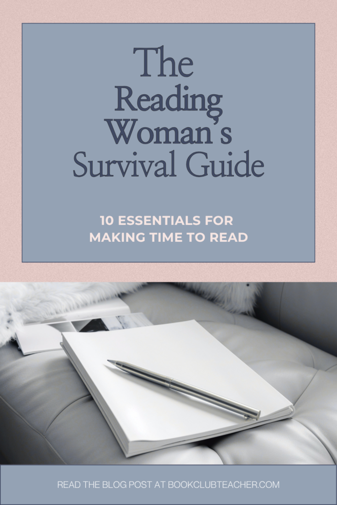 Open book with crystal, overlay reads “The Reading Woman’s Survival Guide”