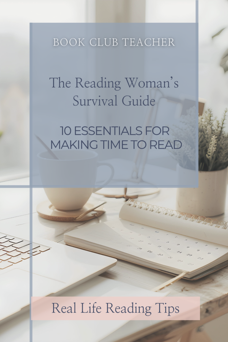 Bright workspace with a calendar and coffee, overlay “The Reading Woman’s Survival Guide: 10 Essentials for Making Time to Read”