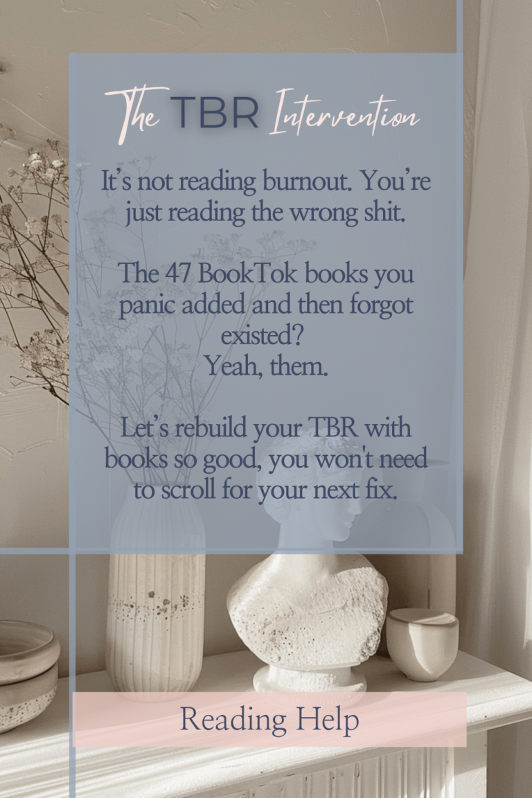 Artistic neutral shelf and statue with transparent text overlay humorously addressing panic-added BookTok reads.