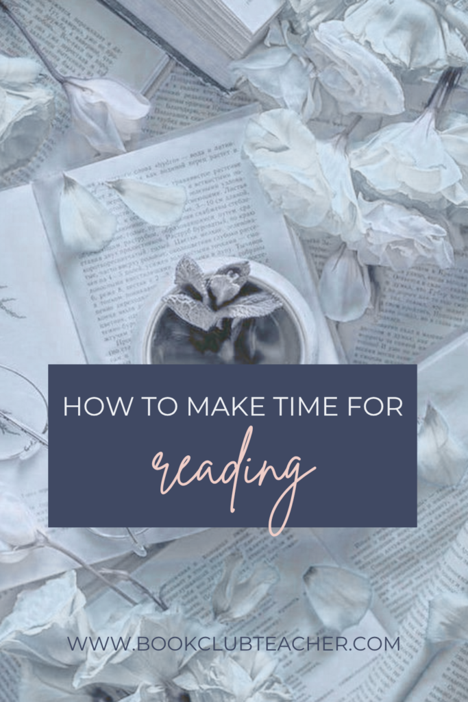 Blue-toned flat lay with white petals, glasses, and a book with text overlay: “How to make time for reading.”