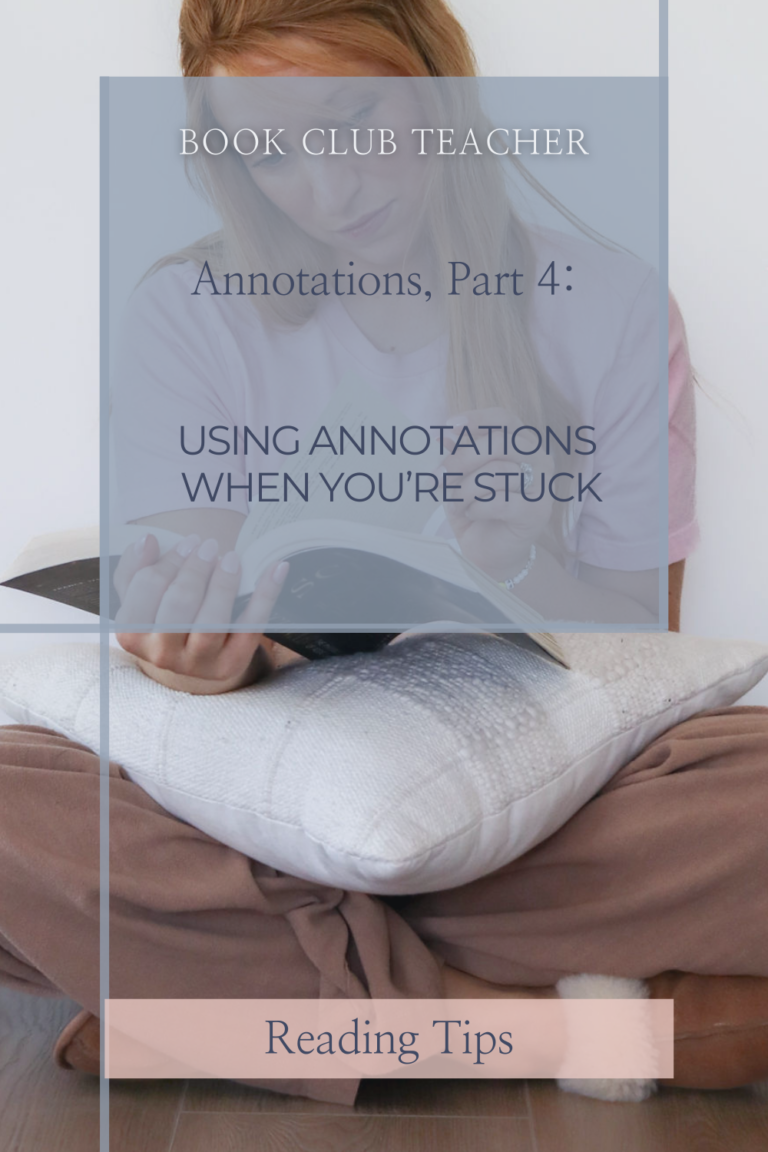 Woman reading a book with a cushion, blog graphic overlay about using annotations when you’re stuck