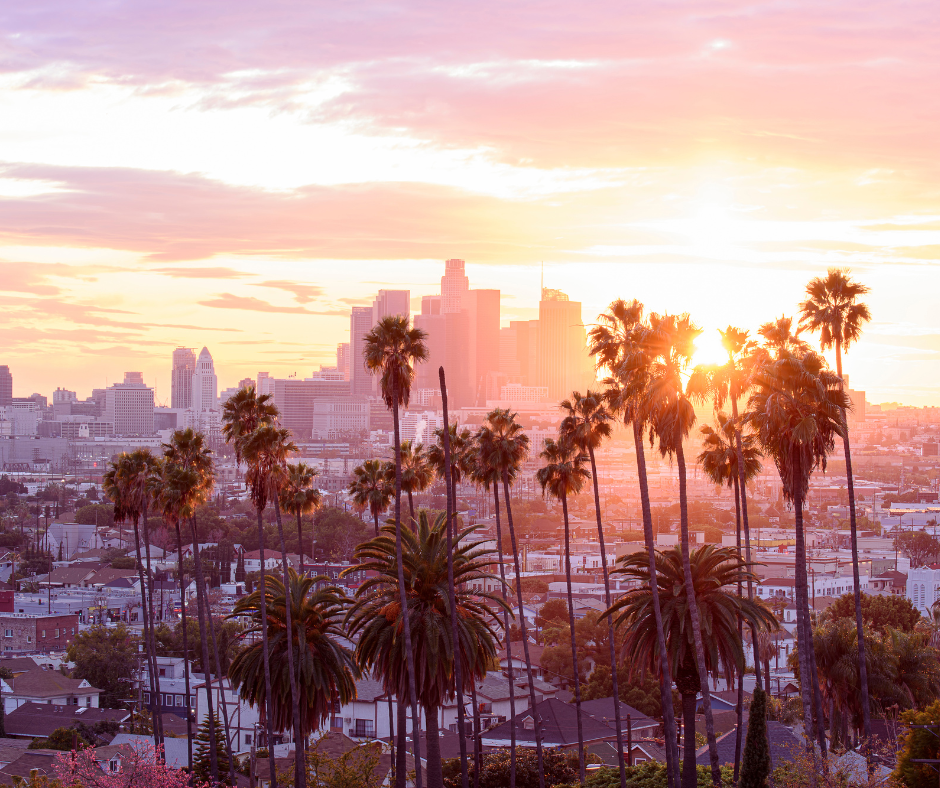 Los Angeles skyline at sunset framed by palm trees, setting the mood for a Hollywood romance book review and second chance love story.