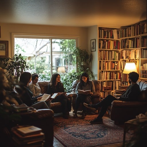Group of friends gathered in a cozy living room, surrounded by bookshelves, reading together and sharing warm book club vibes.