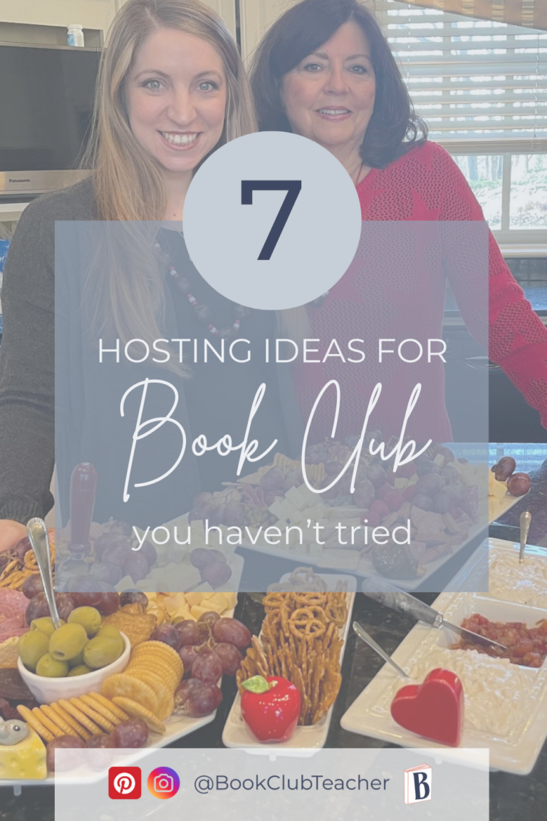 Two women with charcuterie boards, and text overlay that says "Hosting Ideas for Book Clubs you haven't tried"