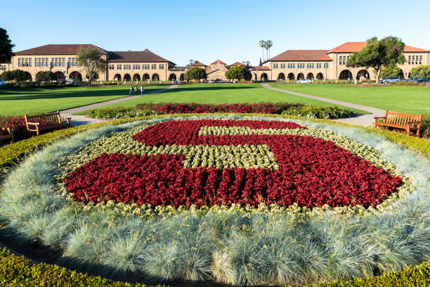 Stanford University’s iconic red “S” floral display in front of campus buildings, featured as the backdrop in Deep End by Ali Hazelwood, a sports romance novel.