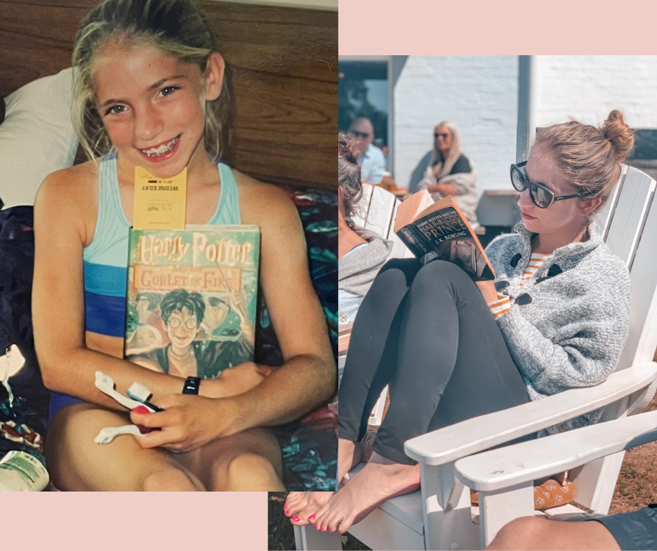 Side-by-side photos of a young girl holding Harry Potter and an adult woman reading The Prince of Tides, showing lifelong love of reading and book club vibes.