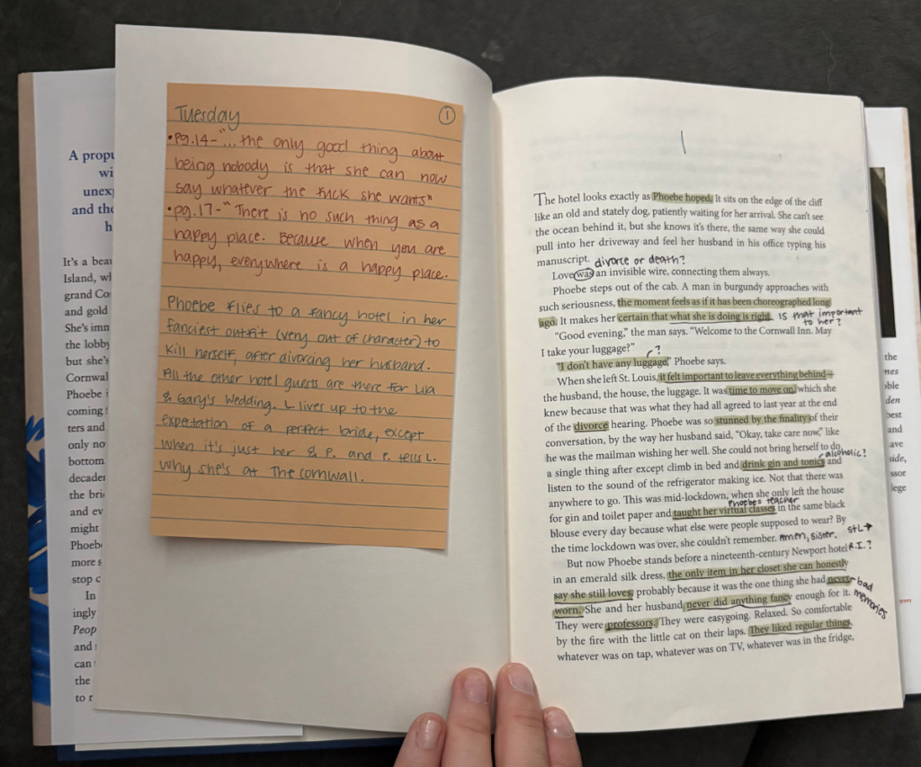 Handwritten chapter summary on an orange Post-it note used as a book annotation for The Wedding People by Alison Espach.