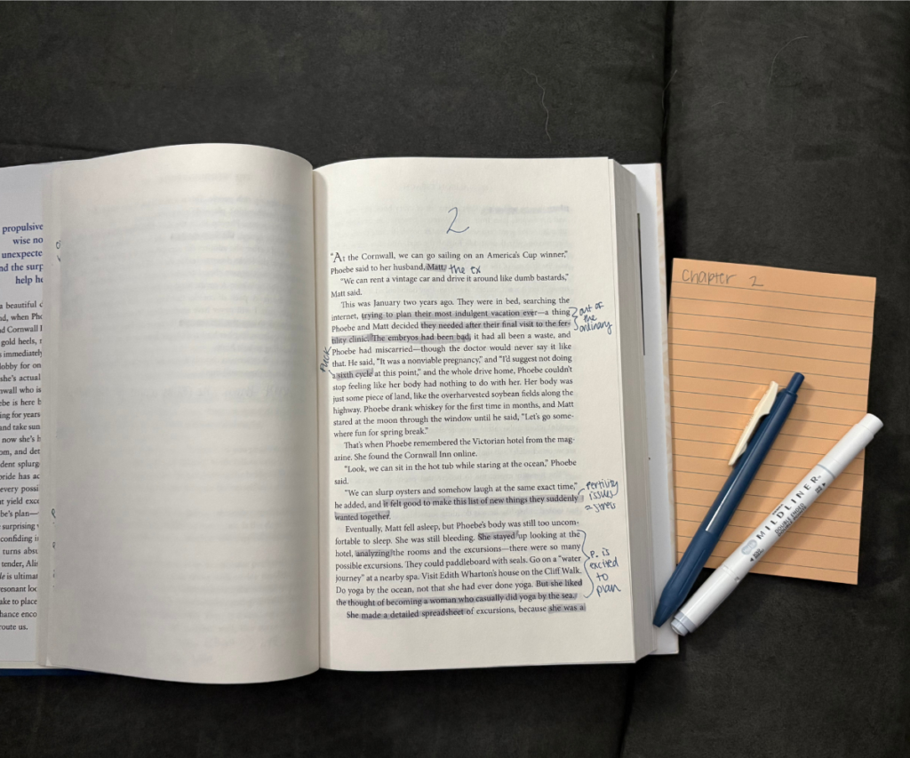 Sticky note annotations layered over text in The Wedding People by Alison Espach, combining highlights and personal notes.