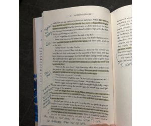 Annotated margins and highlighted passages in The Wedding People by Alison Espach, showing active reading strategies.