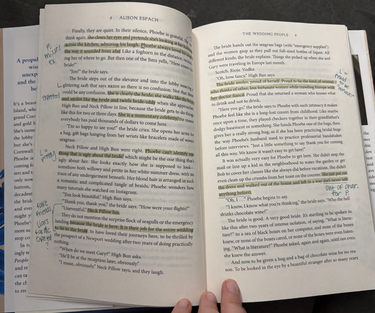Book page from The Wedding People by Alison Espach with a mix of highlights and margin scribbles, an annotation technique for active reading.