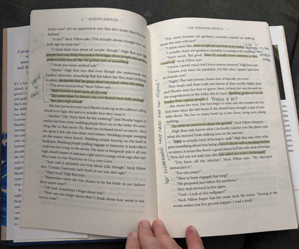Book page from The Wedding People by Alison Espach with a mix of highlights and margin scribbles, an annotation technique for active reading.