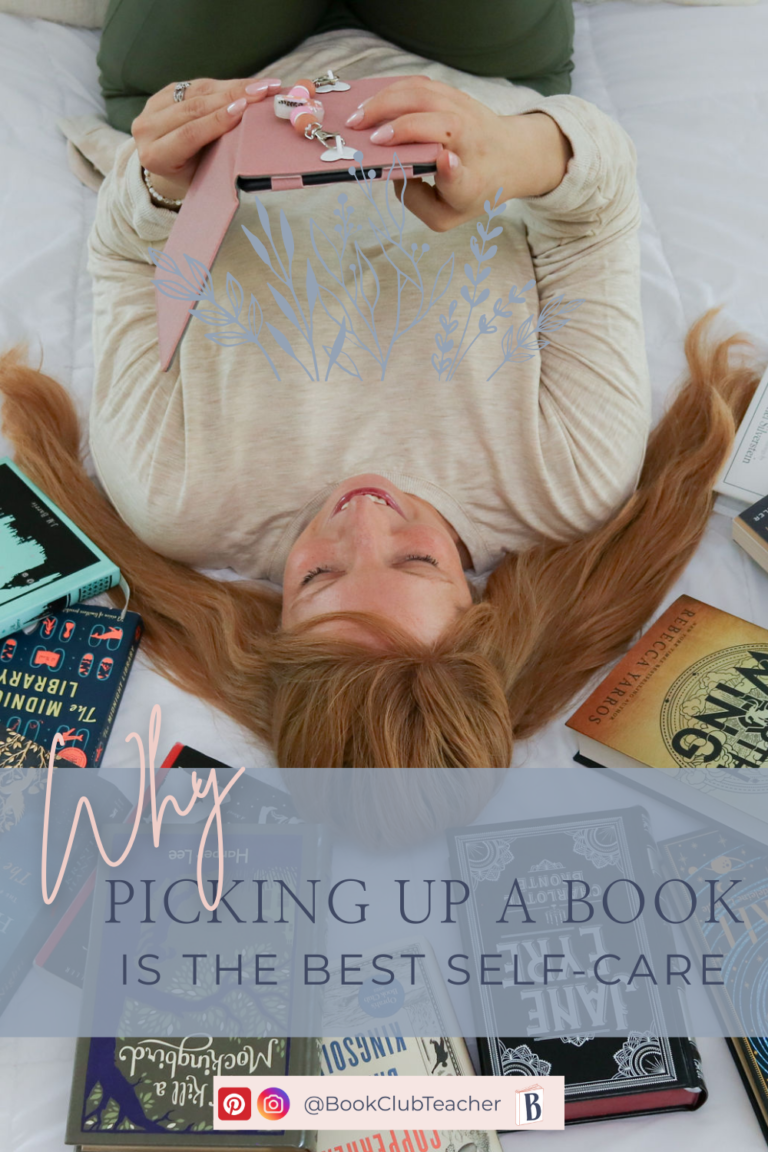 A woman with long red hair lies on a bed smiling while holding a pink e-reader, surrounded by hardcover books. Overlaid text reads “Why picking up a book is the best self-care.” Cozy Pinterest pin encouraging reading as part of a self-care routine.