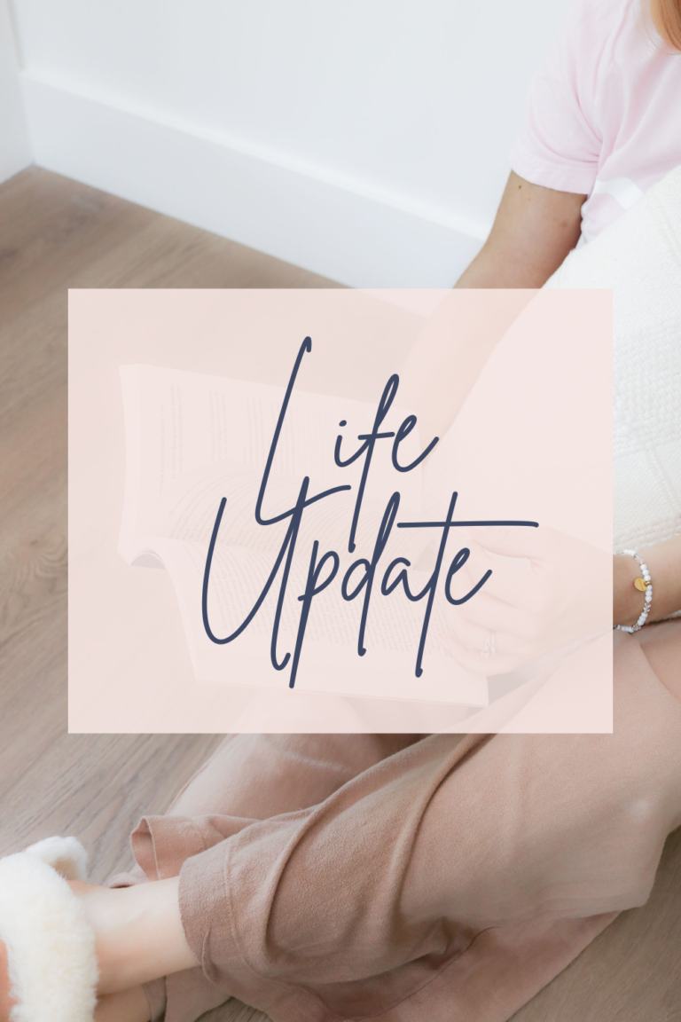 Sitting on the floor reading a book, with the words "Life Update" over it