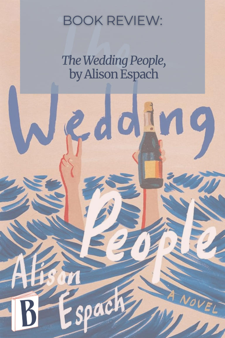 Book review graphic for The Wedding People by Alison Espach featuring the illustrated book cover with ocean waves, raised hands holding a champagne bottle and peace sign, and text reading “Book Review: The Wedding People by Alison Espach.”